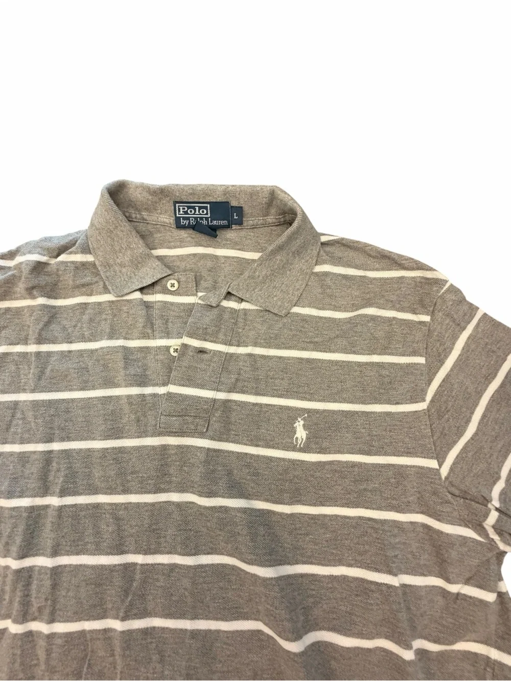 Polo Ralph Lauren Short Sleeve Polo Shirt Grey White Stripes Large Preppy Casual